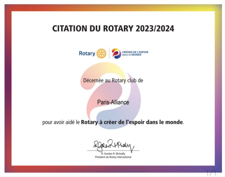 Citation 2023/2024 accordée au Rotary Club Paris Alliance par le Rotary International